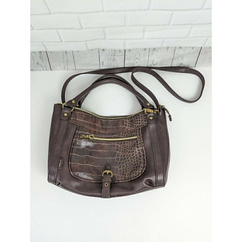 Relic Brown Faux Leather‎ Crocodile Fabric Lined bronze Purse handbag crossbody